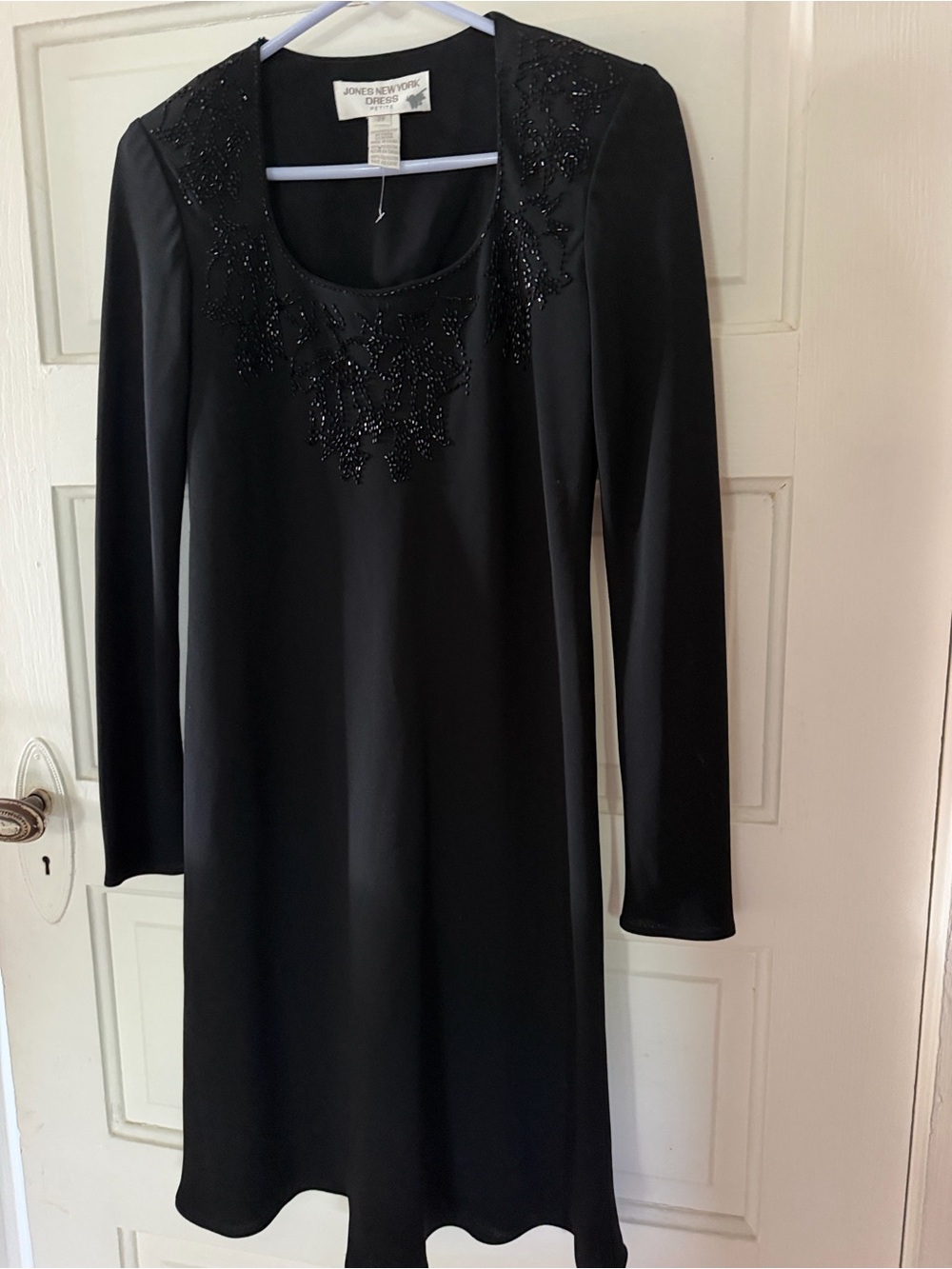 Jones New York Black Long-Sleeve Beaded Neckline Dress